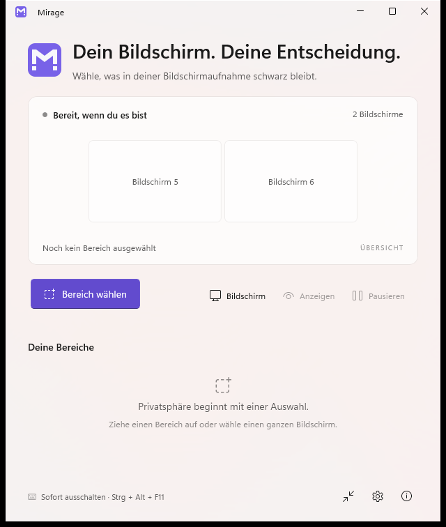 Mirage im hellen Design: Bildschirme auswählen, Bereiche festlegen und Overlays pausieren.
